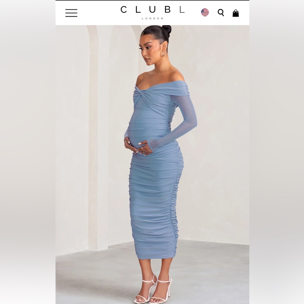 POWDER BLUE BARDOT TWIST MATERNITY MIDI DRESS
